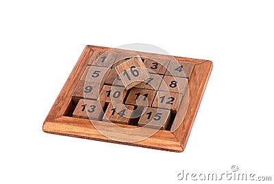 Game of Fifteen - wooden sliding puzzle isolated on white background Stock Photo