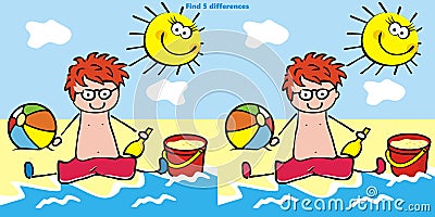 Game, find five differences, little boy on the beach, funny vector illustration Vector Illustration
