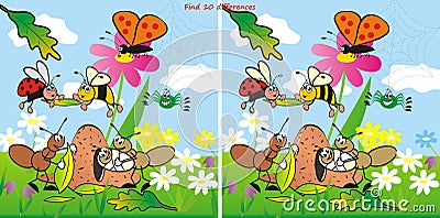 Game, find ten differences, insect on meadow, eps. Vector Illustration