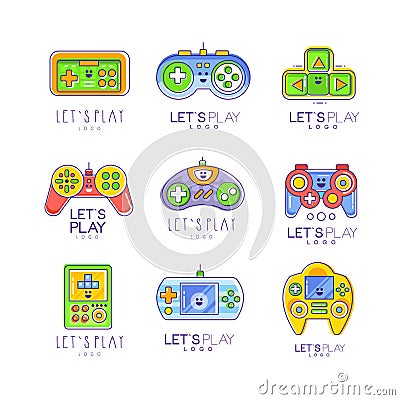 Game gadget collection in line style. Colorful tetris, nintendo, gameplay, joystick, gaming controller. Vector let s Vector Illustration