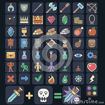 Game icon set, game flat icon, magic, armor, spells Stock Photo