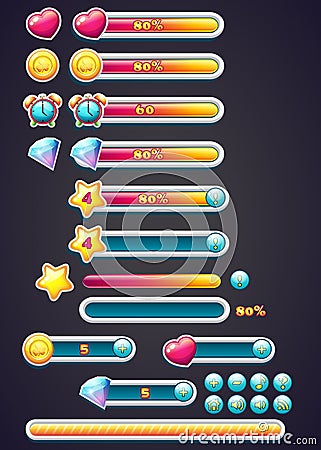 Game icons with progress bar, digging, as well as a progress bar download for computer games Vector Illustration