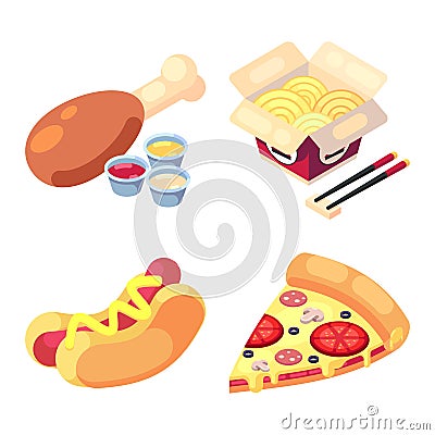 Game icons set food for higher health level delicious snacks fast food, pizza, hot dog, noodles, chicken leg vector icon Vector Illustration