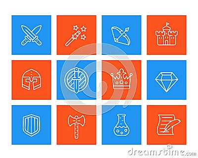 Game icons set, swords, magic wand, bow, fortress Vector Illustration