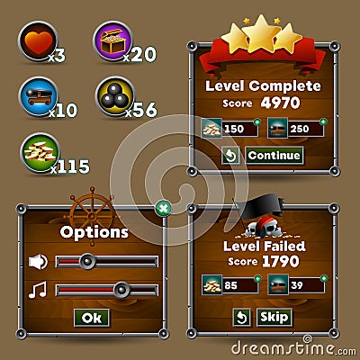 Game interface buttons, progress bar, resource icon Vector Illustration