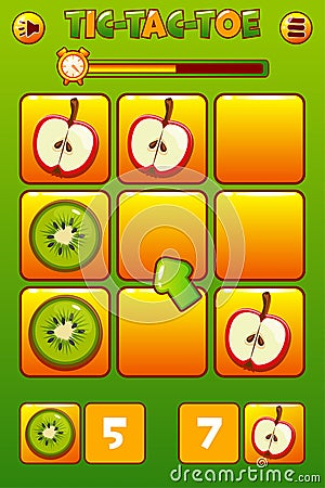 Game interface Tic-Tac-Toe in FRUITs themed for your 2D game design. two players- apple and kiwi. Board logic game UI Vector Illustration