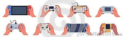 Game joystick in hands. Human arms hold retro videogame controllers, player presses buttons, modern wireless gamepads Vector Illustration