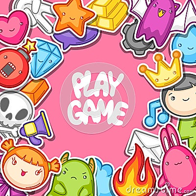 Game kawaii background. Cute gaming design elements, objects and symbols Vector Illustration