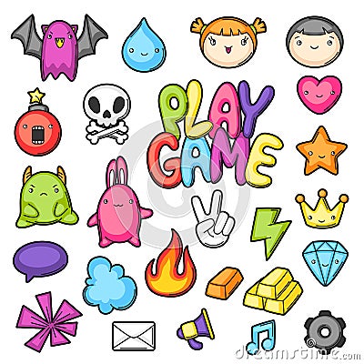 Game kawaii collection. Cute gaming design elements, objects and symbols Vector Illustration