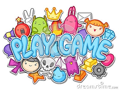 Game kawaii design. Cute gaming elements, objects and symbols Vector Illustration