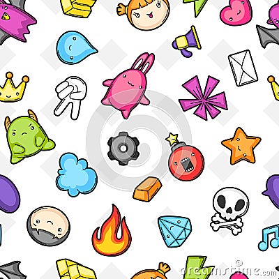 Game kawaii seamless pattern. Cute gaming design elements, objects and symbols Vector Illustration