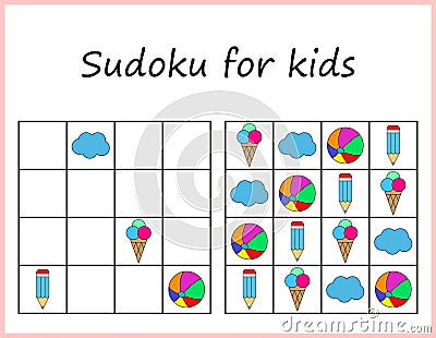 Sudoku for kids. Game for preschool kids, training logic. Worksheet for children. Vector Illustration
