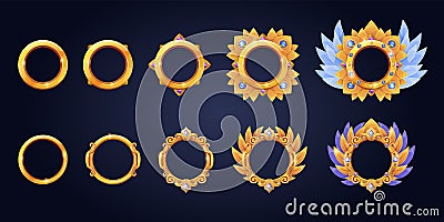 Game level frames. Golden circle borders, user avatar gaming rank progress gold ring ui asset round button medieval Vector Illustration