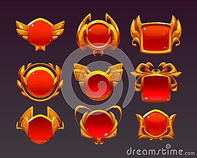Game level golden ui icons, buttons, empty badges Vector Illustration