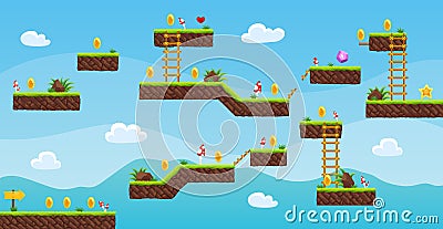 Game level map. Arcade 2d video game for old computer or console. Cartoon computer or mobile arcade with bonus items Vector Illustration