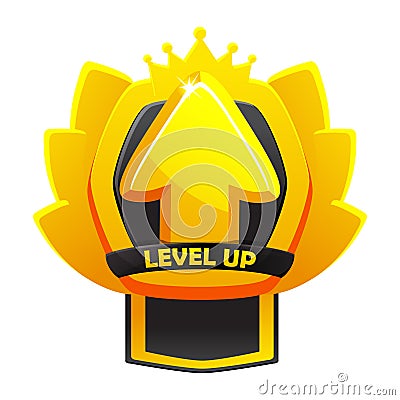Game level up badge icon with raising arrow, crown, and shield. Winner evaluation UI or GUI app element, user interface Stock Photo