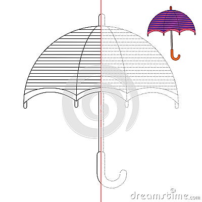 a game of logic. handwriting training. coloring book. circle the lines by points. colored umbrellas. Vector Illustration