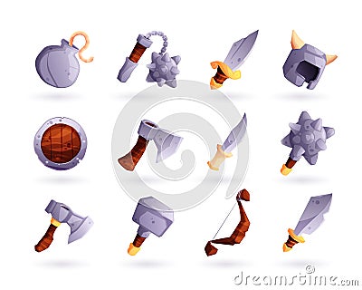 Game medieval weapon. Cartoon military armament and protection arsenal, arrow blade shield knife sword bomb mace icons Vector Illustration