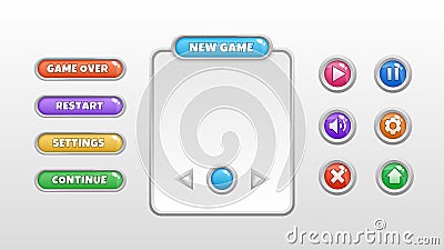 Game Menu Template. Restart, Settings, Continue Gaming Interface Vector Illustration