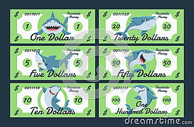 Game money shark paper green dollar currency for gaming playing shopping set vector flat Vector Illustration