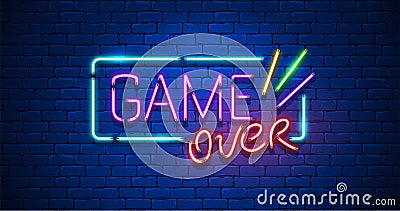 Game Over. Neon Text Sign with a Brick Wall Background. Vector illustration. Vector Illustration