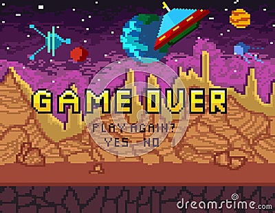 Game over pixel art design with space background and hearts. Pix Vector Illustration