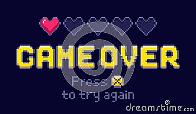 Game over screen. Pixel retro games, try again and 8bit gaming last life vector illustration Vector Illustration