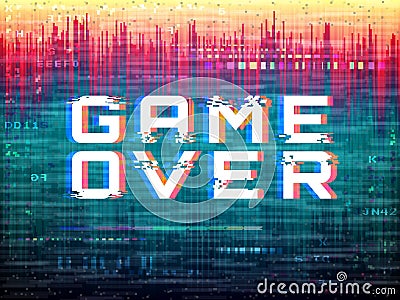 Game over text. Video game glitch. Color distortions and pixel noise. Digital error template. Retro vhs effect. Abstract Vector Illustration