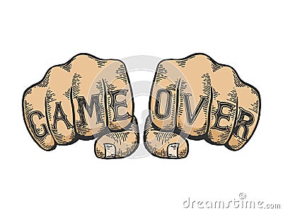 Game over words fist tattoo color sketch vector Vector Illustration