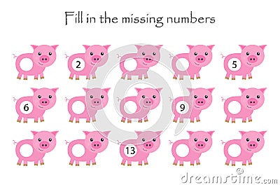 Game with pigs for children, fill in the missing numbers, middle level, education game for kids, school worksheet activity, task Stock Photo