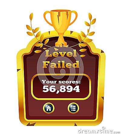 Game pop-up window, panel with buttons. Losing, level failed. Vector Illustration