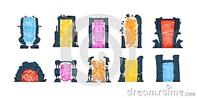 Game portals. Cartoon teleportation doors of different shapes and colors. Magical or futuristic gates for transition Vector Illustration