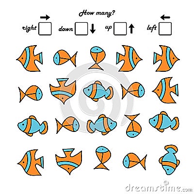 A game for preschool children. Count how many fish swim to the right and how many to the left. Vector Illustration