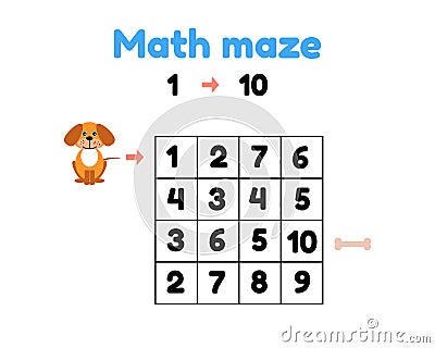 Game for preschool children. mathematical maze. help the puppy to get to the bone. find numbers from 1 to 10 Vector Illustration