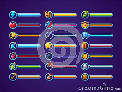 Game progress bars vector set ui cartoon interface Vector Illustration