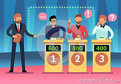 Game quiz show. Clever young people playing television quiz with showman, trivia game tv competition. Cartoon design Vector Illustration