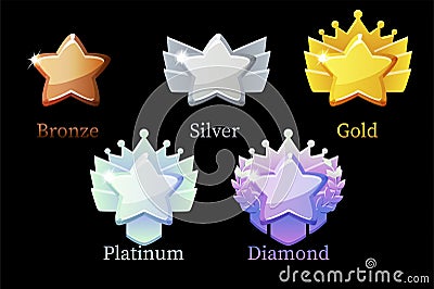 Game Rank Reward Star, gold, silver, platinum, bronze, diamond icons 6 steps animation for game. Vector Illustration