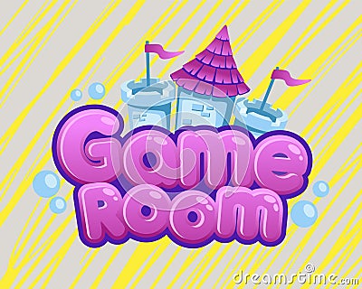 Game room logo. Kids zone banner with castle. Children entertainment area. Fun activity playground sticker. Colorful Vector Illustration
