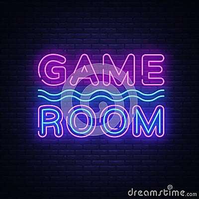 Game Room Neon Text Vector. Gaming neon sign, design template, modern trend design, night signboard, night bright Vector Illustration