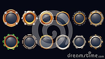 Game round interface frames. Cartoon UI circle game asset items, empty golden medieval silver textured borders for GUI design. Stock Photo
