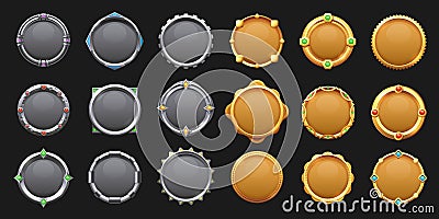 Game round metal button. Cartoon steel game asset frame UI icons, empty metallic circle medal rating badges mobile web Vector Illustration