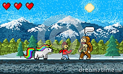 Game scene. Pixel art 8 bit Background. Video interface. Retro location. Mountains, Rainbow pony, monkey and character Vector Illustration