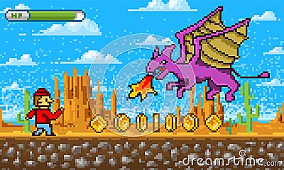 Game scene. Pixel art 8 bit objects. Platformer video interface. Retro location. Clouds, mountains, dragon and character Vector Illustration