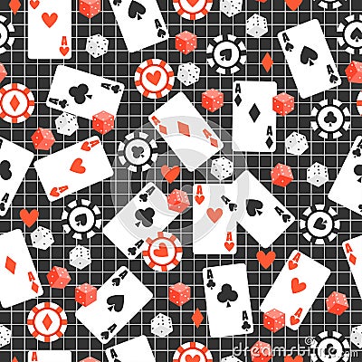 Game seamless pattern with cards, poker chips, dice on original dark background. Stock Photo