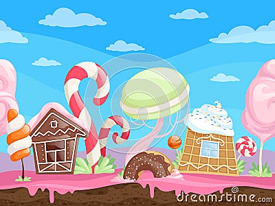 Game seamless sweet landscape. Fantasy delicious background desserts candy sugar caramel chocolate biscuits lollipop Vector Illustration