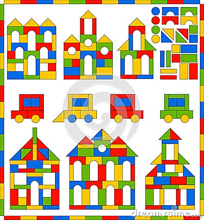 Game set of building blocks of different shapes and colors for children. Educational game to study the shape, color Vector Illustration