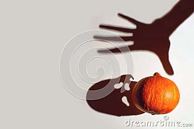 The game of shadows. The hand reaches for the pumpkin, she screams. Halloween concept Stock Photo