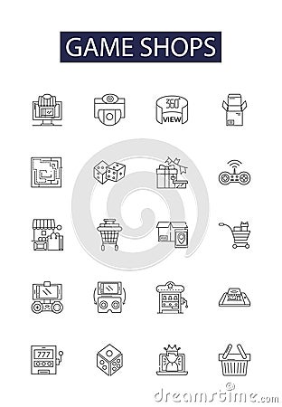 Game shops line vector icons and signs. Shops, Stores, Outlets, Centres, Boutiques, Retailers, Vendors, Dealers outline Vector Illustration