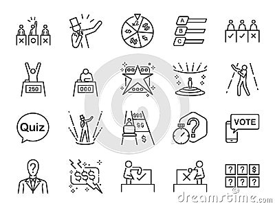 Game show icon set. Included the icons as singer, quiz, prize, competition, contest, judging panel, TV program and more Vector Illustration