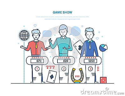 Game show. Participants of show play quiz, answer logical questions. Vector Illustration